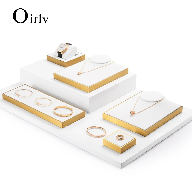 Oirlv White PU Leather&Metal Jewelry Counter Display Props Set Shop Cabinet Exhibition for Necklace Ring Bangle Watch