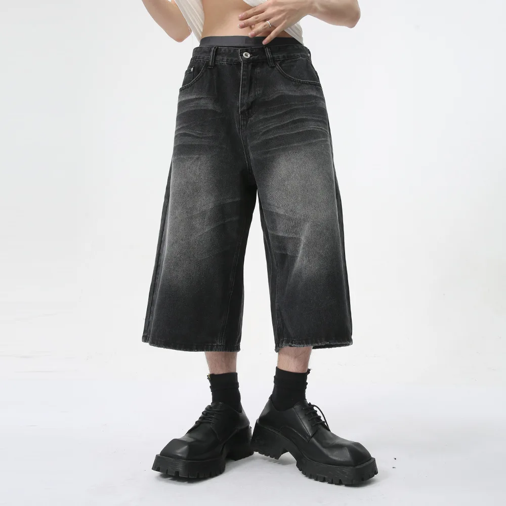 

Calf Length Denim Pants Wide Leg Jean Washed Jeans Distressed Solid Loose Pockets High Street Summer 2025 Elastic Waist