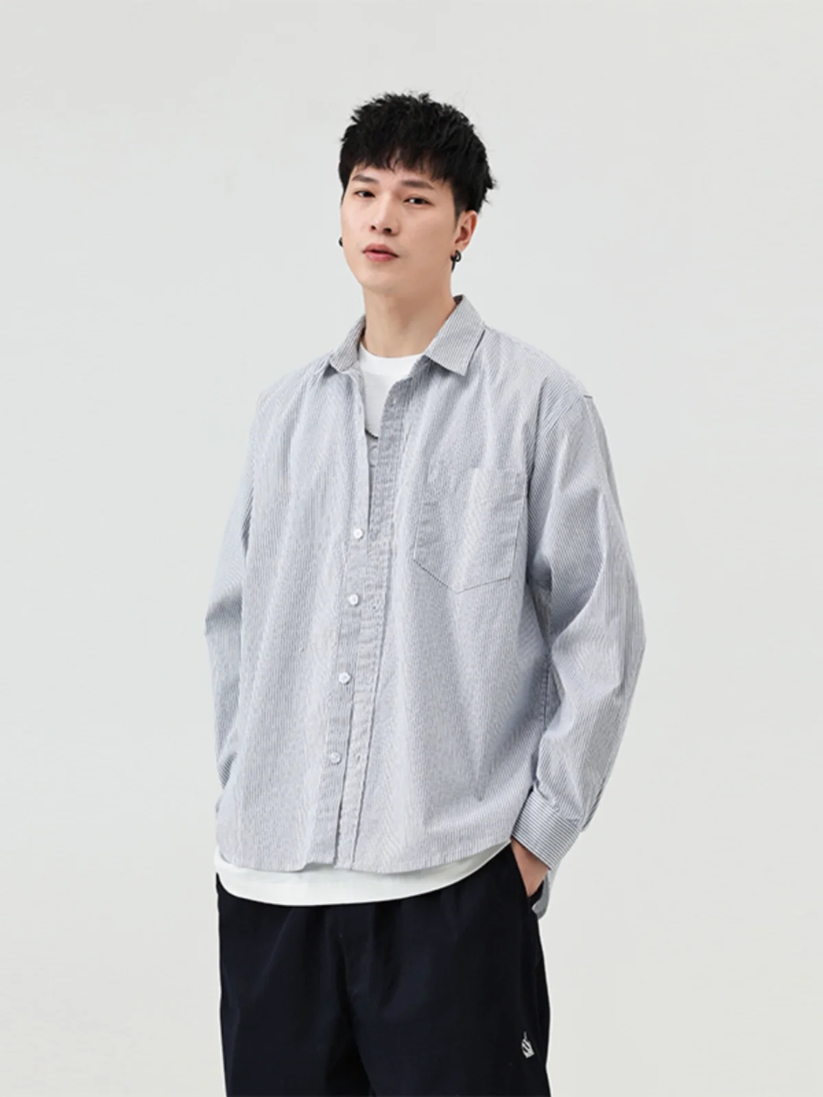 

Новая летняя мужская полосатая рубашка с длинным рукавом, свободного кроя, в стиле рабочей одежды, модная корейская уличная одежда, популярная модель M