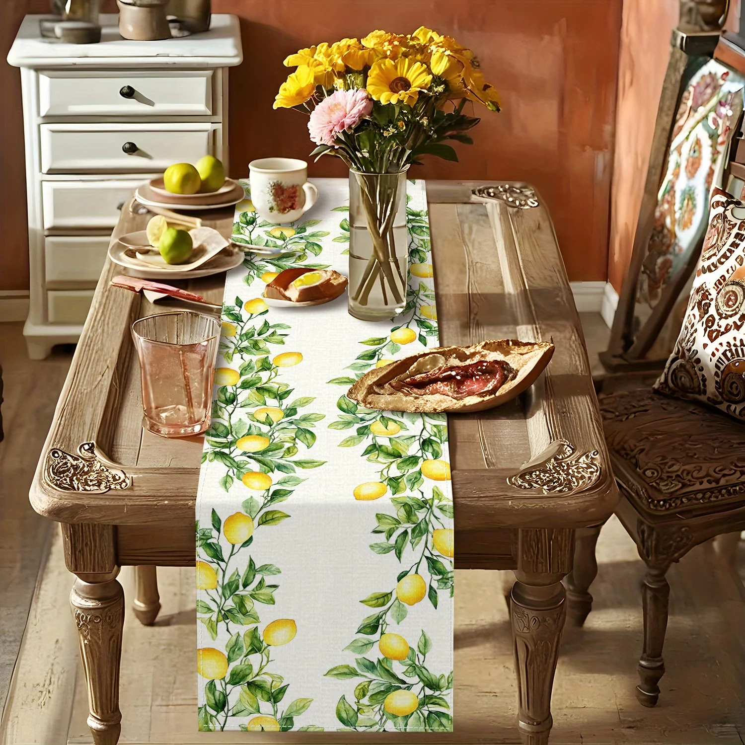الليمون ورقة مطبوعة الكتان الجدول عداء عطلة ديكور الحفلات المائية الليمون الأخضر يترك الجدول العدائين المطبخ طاولة طعام ديكور #2