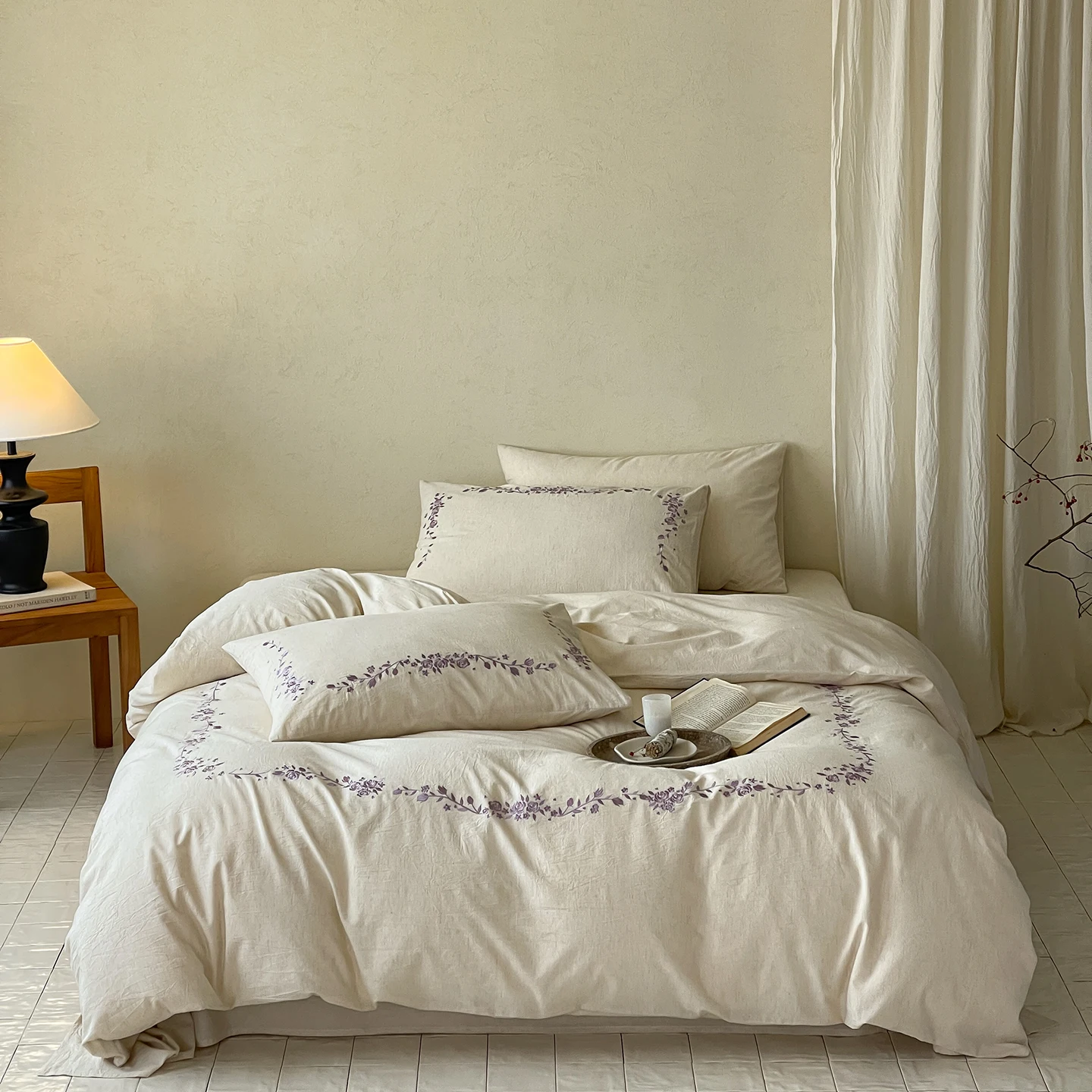 Natural Cotton Linen Blend Elegant Flowers Embroidery Luxury Bedding Set Duvet Cover Flat/Fitted Bed Sheet Pillowcases 4Pcs