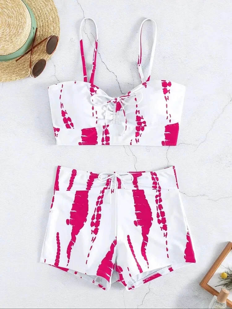DGTQ NEW Black White Tie-dye Swimsuit Two Pieces Swimwear Womens High waist Boxer Net Red Sexy Hawaiian Beach Push Up Bikini Set