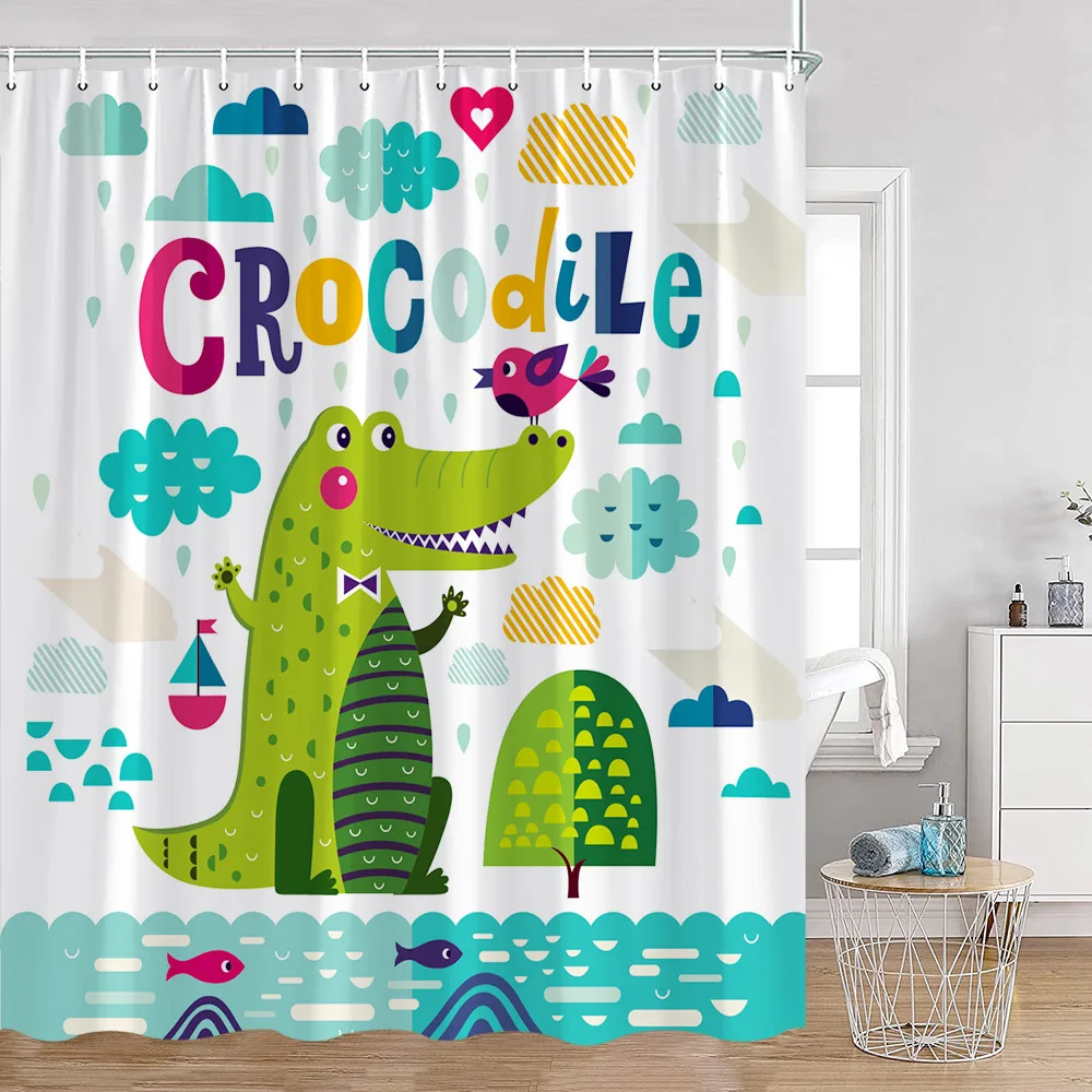 Cartoon Shower Curtain Cute Animals Crocodile Deer Dinosaur Nautical Bathroom Decorations Kids Polyester Bath Curtain with Hooks