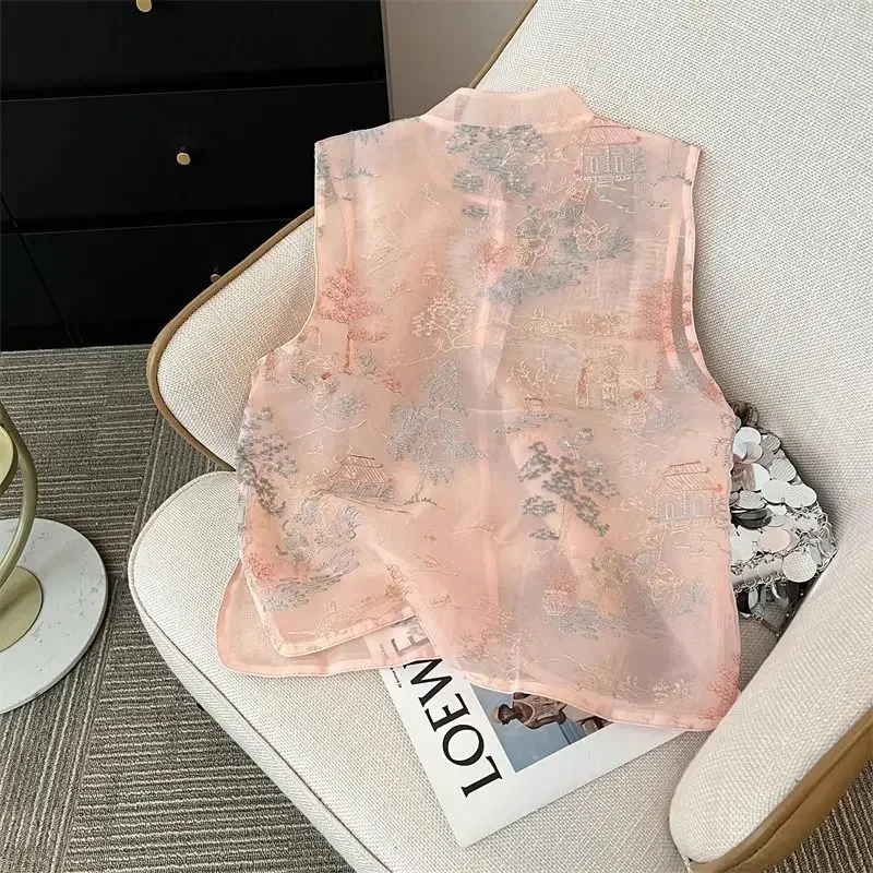 Embroider Vest New Chinese Style Summer Pink Top Women's Organza Breathable Tang Clothes Vintage Mandarin Collar Jacket A749