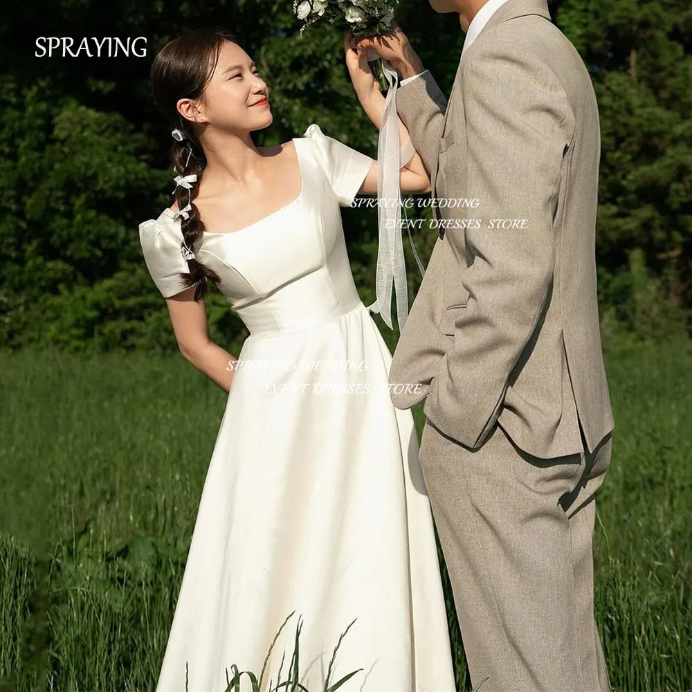 

SPRAYING Simple Ivory Satin Wedding Photo Shoot Dress Square Collar Short Sleeve Korea Bridal Gowns Long Corset 웨딩드레스 Customized
