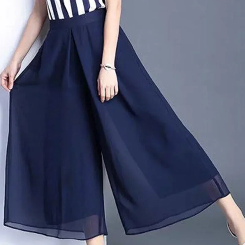 Elegant Solid Color Loose Elastic High Waist Folds Ruffles Capris Women 2024 New Office Lady Commute Irregular Casual Pants Z113