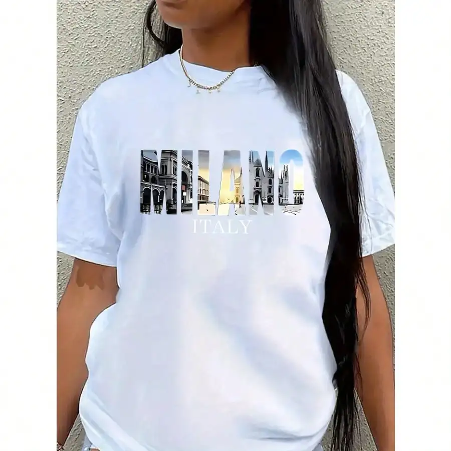 

Milano Italy Geometric Print Women'S Casual Sports Tee Round Neck Short Sleeve Polyester Fabric Stretchy Mature Style
