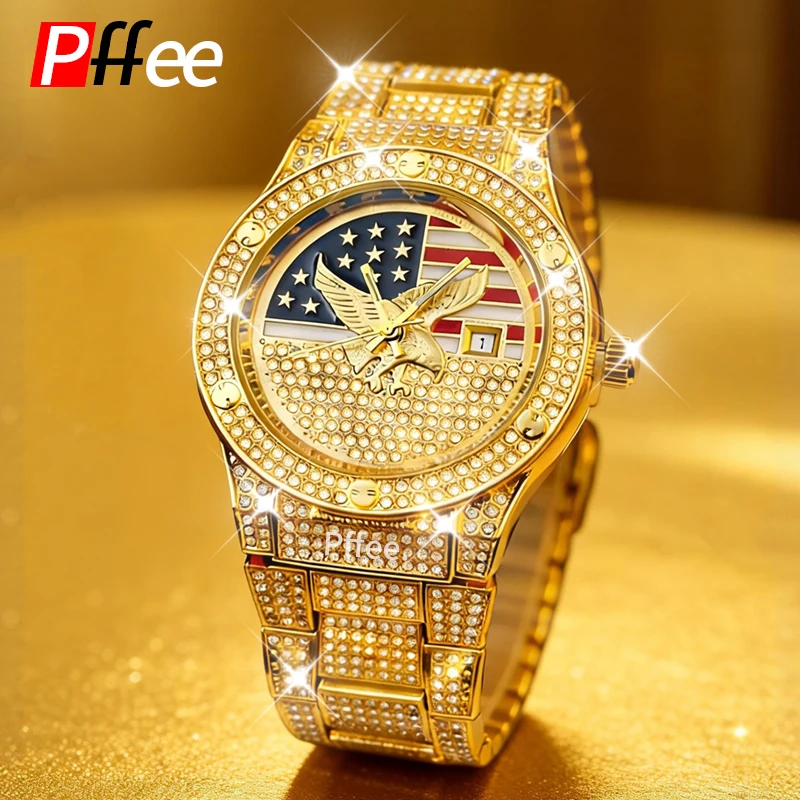 

Pffee Rapper Luxury Quartz Watch Crystal Iced Out 18K Gold Plated HipHop Men Watches Jewelry Silver relojes para caballeros Gift