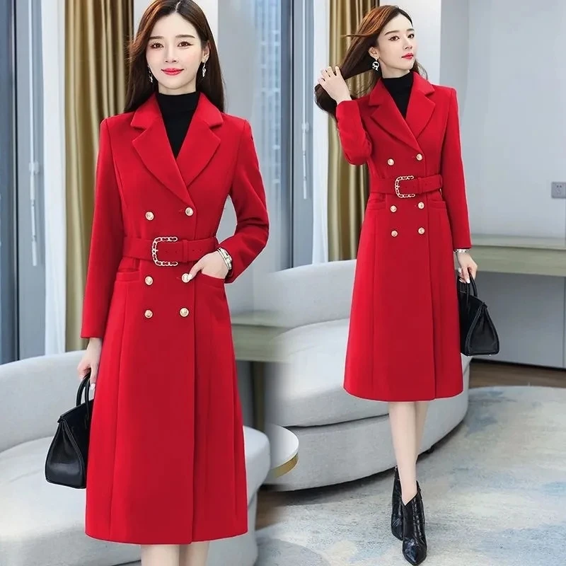 

Autumn Winter Women's Woolen Jacket New Solid Color Belt Double Bbreasted Mid Long Wool Blending Basic Coat Female Outerwear