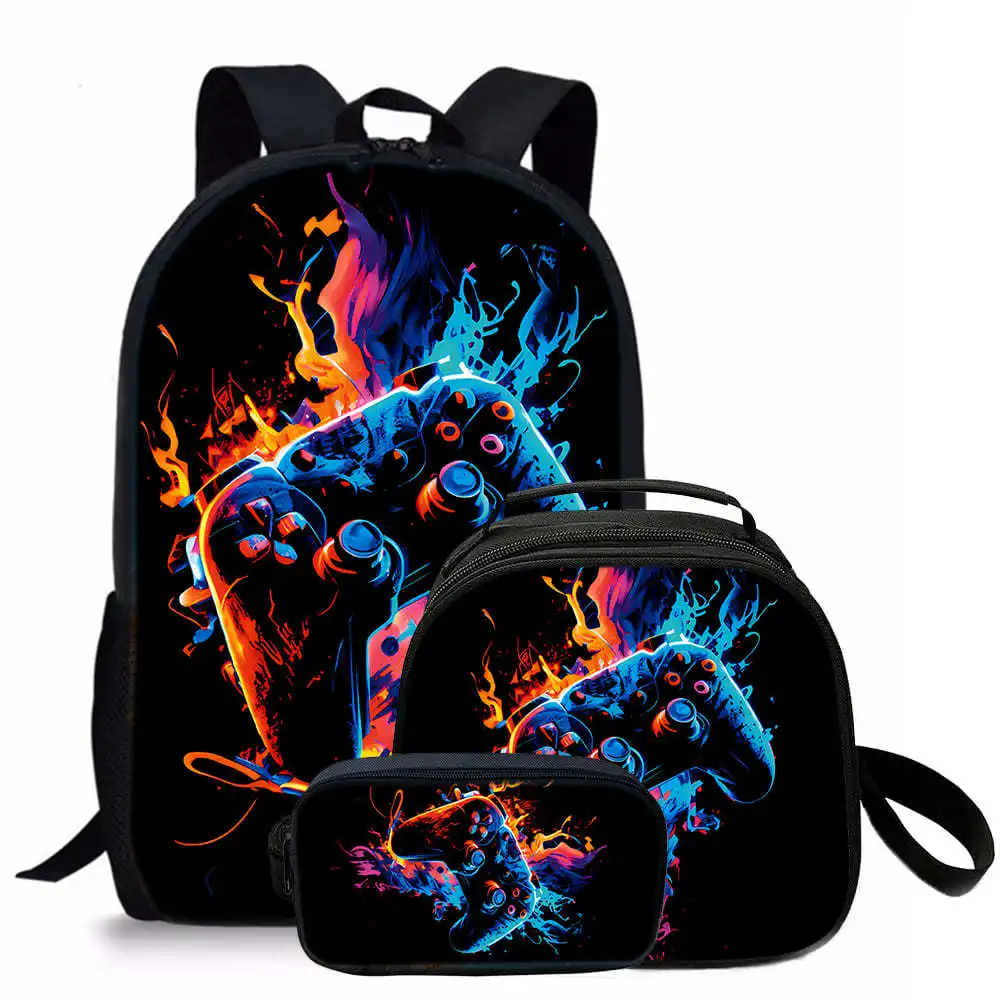 Trendy Popolare Novità game pad 3D Stampato 3 pezzi / set Borse da scuola per studenti Zaino per notebook da viaggio Borsa da pranzo a tracolla Astuccio