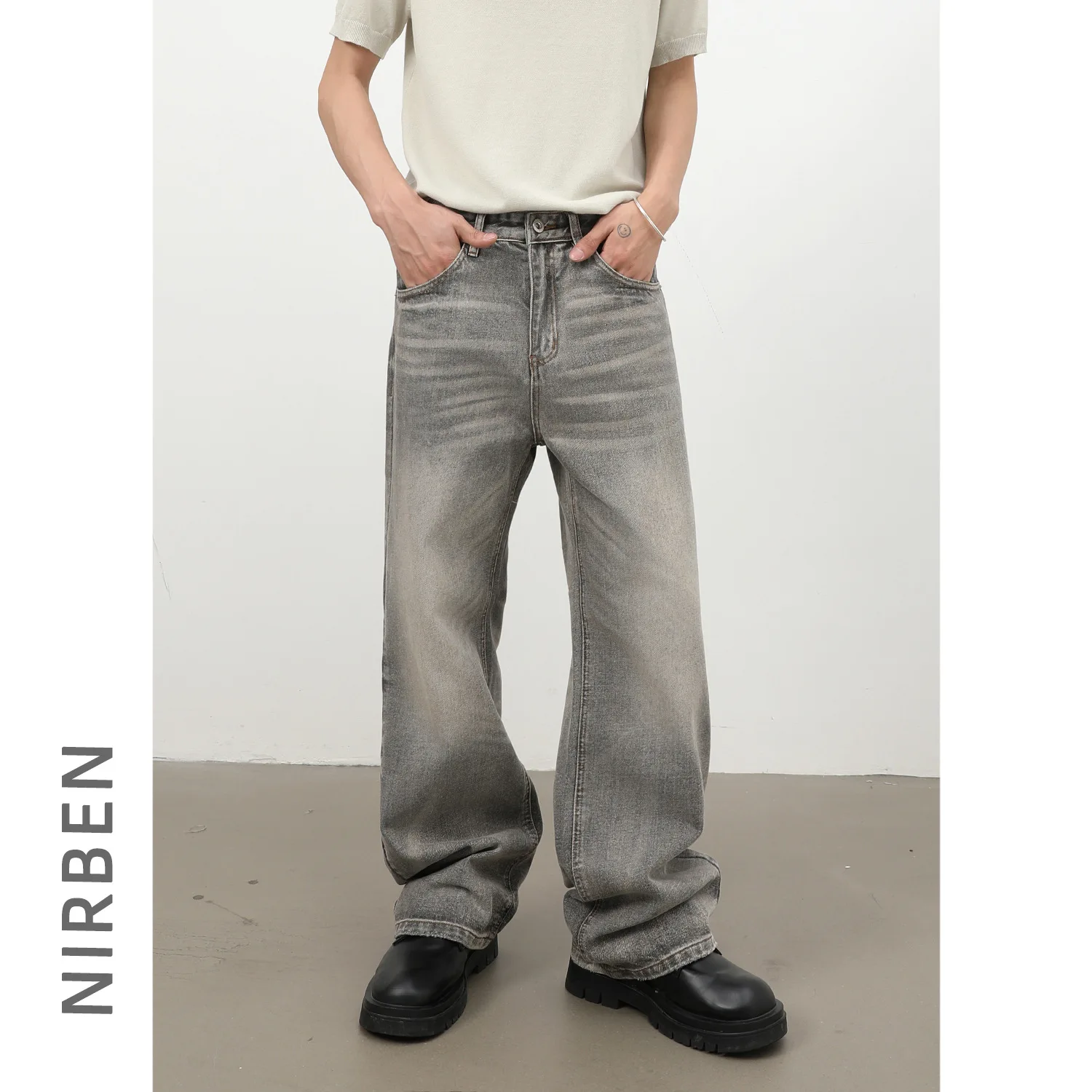 American Retro Cat Beard Washed Jeans Men's Trendy Brand Loose Straight Wide-leg Versatile Trousers