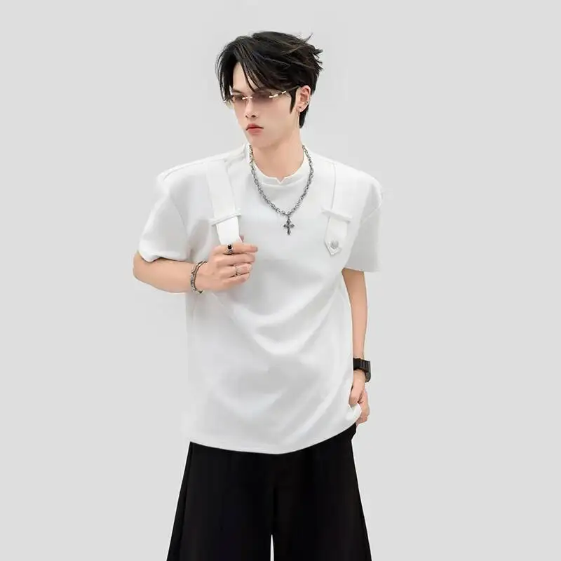 Strap Button Deconstructed Tee Mens Crew Neck Drop Shoulder Niche Dark Street Summer Casual Basic Tops CVB6