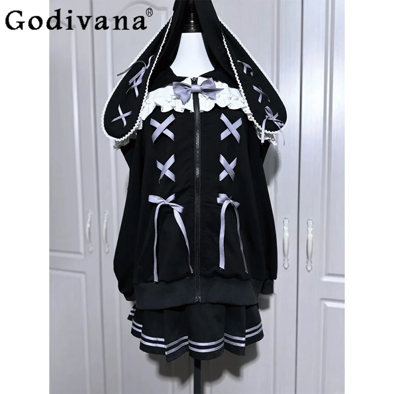 

Japanese Style Skirt Outfits for Women Bowknot Jacket High Waist Skirt Two Piece Suit 2025 Autumn Lolita Style Skirt Set