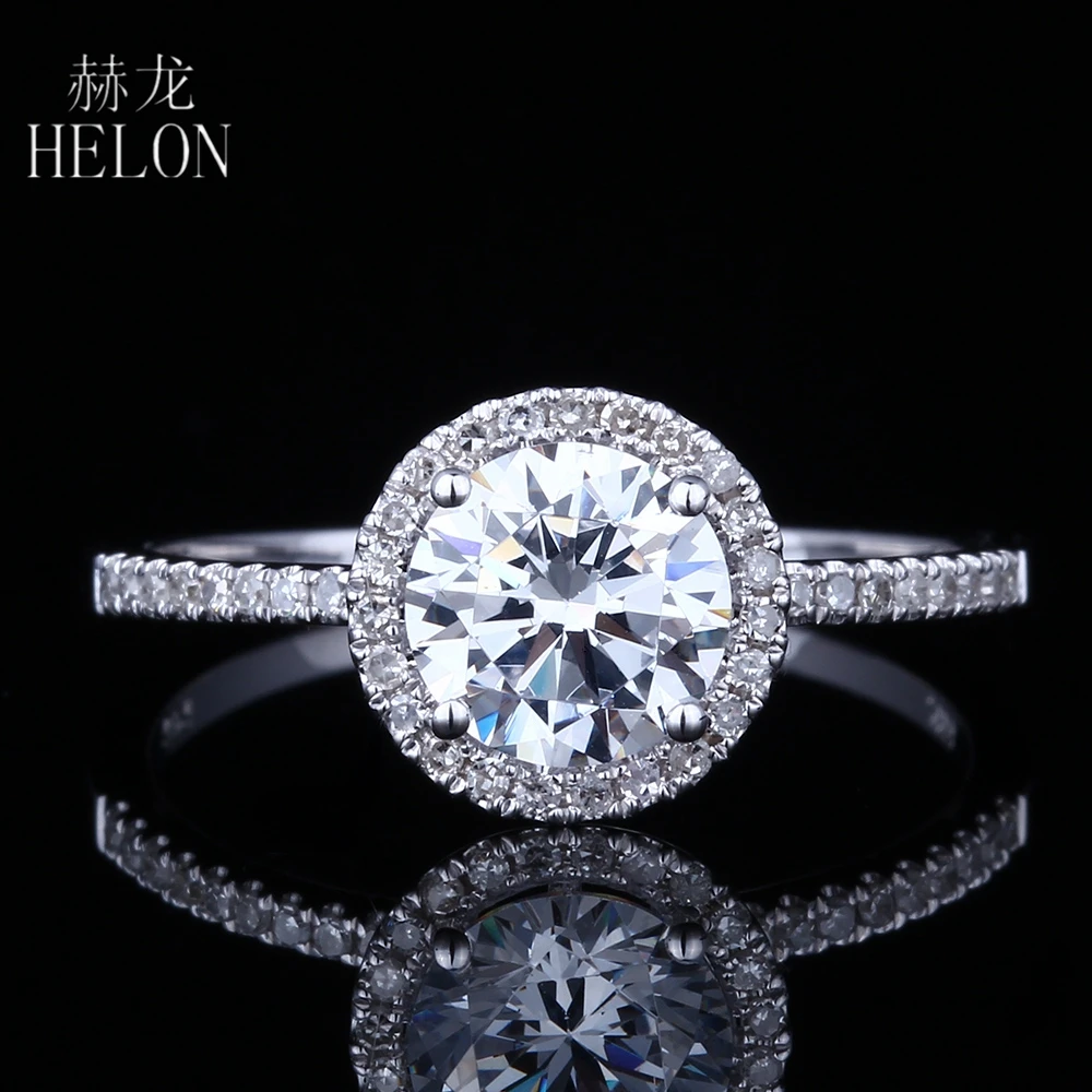 HELON Luxury Solid 14K AU585 White Gold Round Cut 1ct DEF Color Moissanite Engagement Ring  for Women Bridal Anniversary Gift