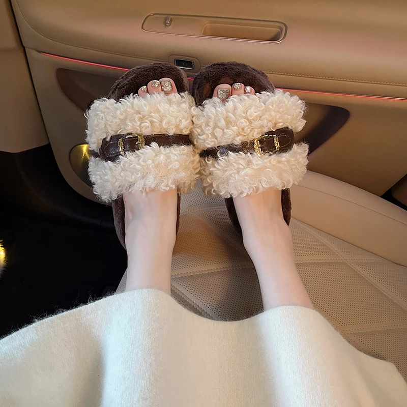 Super popular women's furry slippers, autumn and winter  outer-wear, internet-famous curly fur thick-soled slip-on sandals