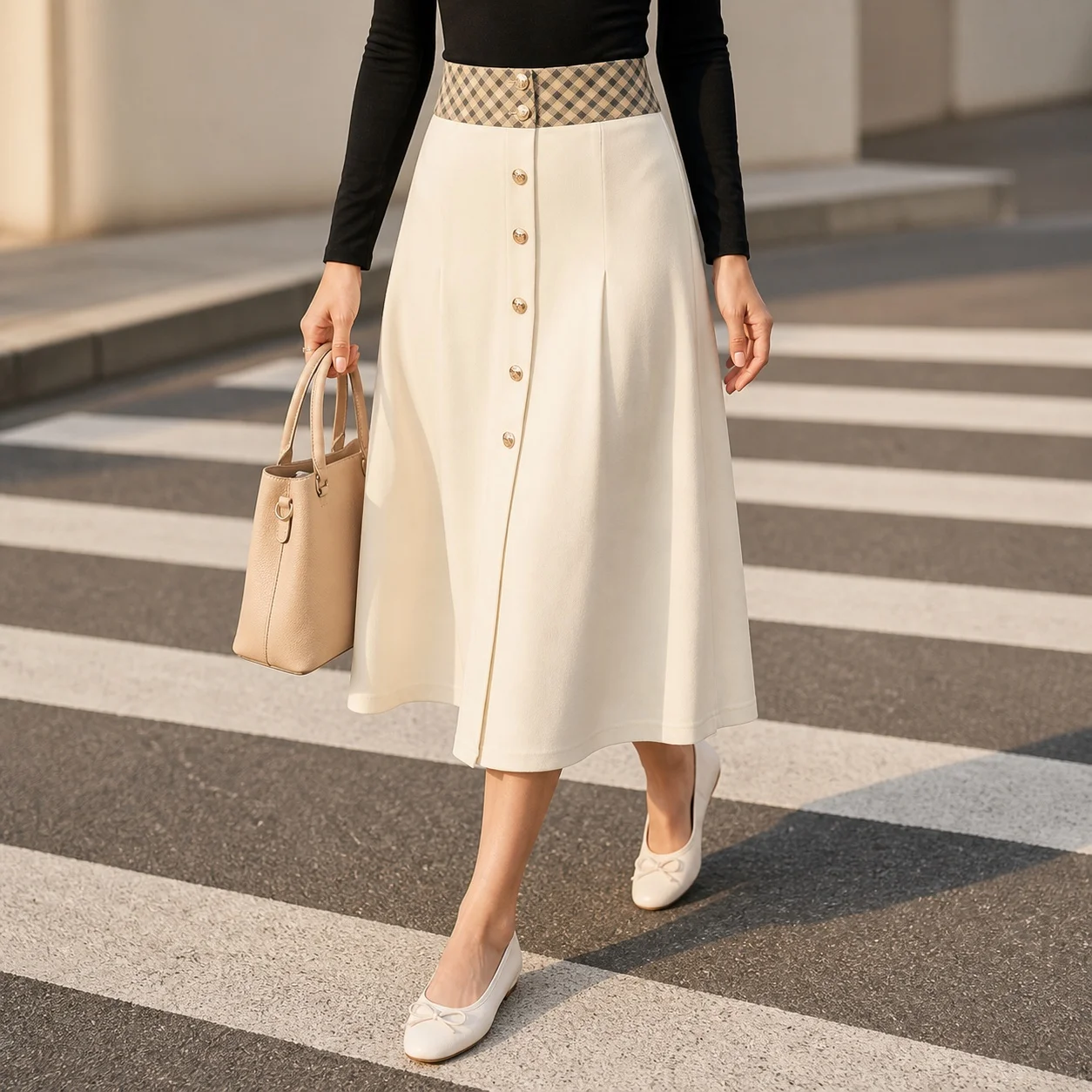 Women's High Waist Midi Knit Skirt for Women – Long Color Block Plaid Retro Sweet Button Front Skirt with Pleated Detail