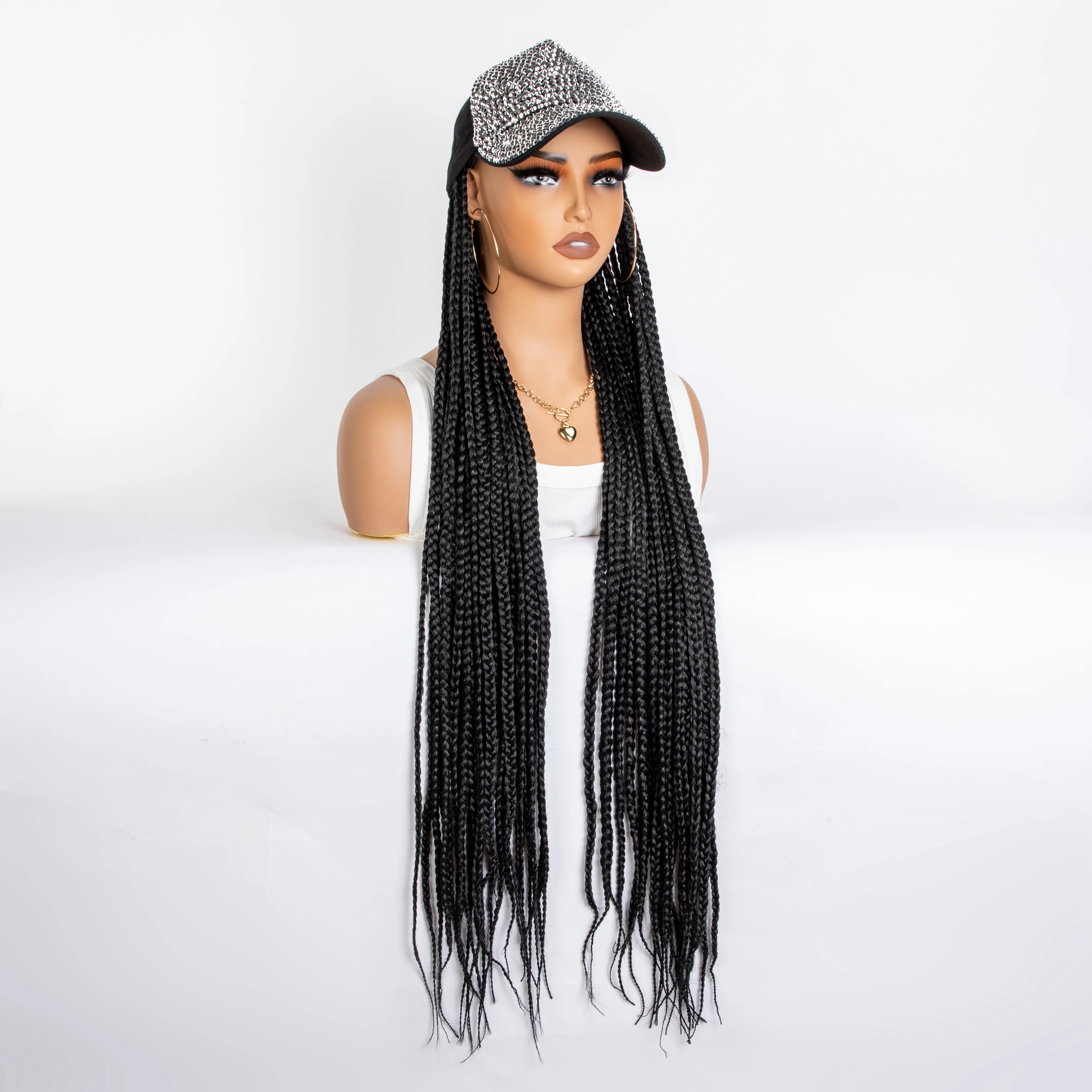 WIGERA Extra long 36Inch Black Box Braided Synthetic Wigs With Rhinestone Decor Adjustable Hat Cap Braiding Hair Extensions Wigs