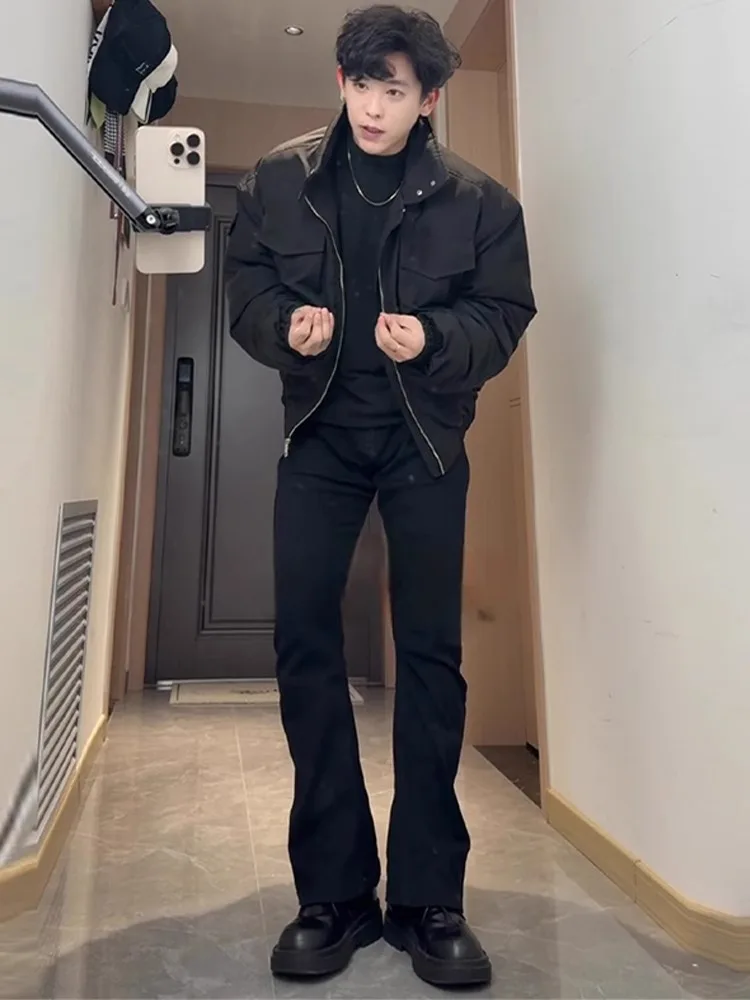 بنطلون جينز أسود مبطن بالصوف، تصميم نحيف بخصر مرتفع، ساق مستقيمة ومستدقة، مزيج من القطن والبوليستر بأسلوب شبابي عصري