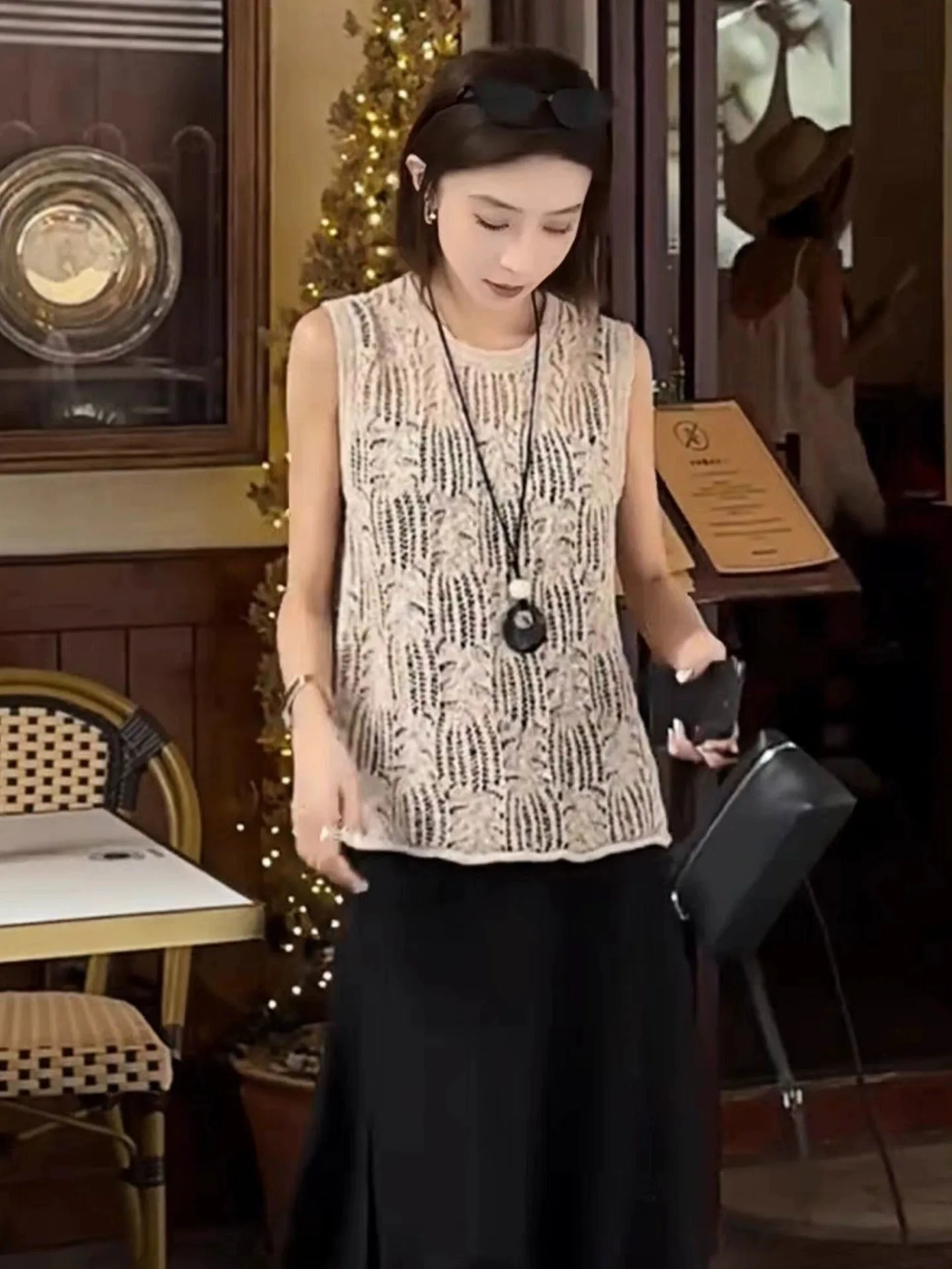 

Вязаный жилет Ele с вырезами, европейский люксовый бренд, летний модный свободный топ с цветочным узором, универсальный шелковый женский топ