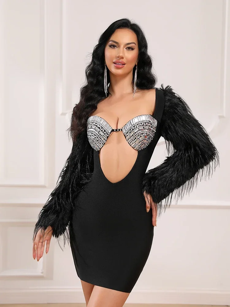

Sexy Feathers Long Sleeve Crysatl Bandage Dress Women Black Hollow Out Backless Bodycon Mini Dresses Evening Party Gowns