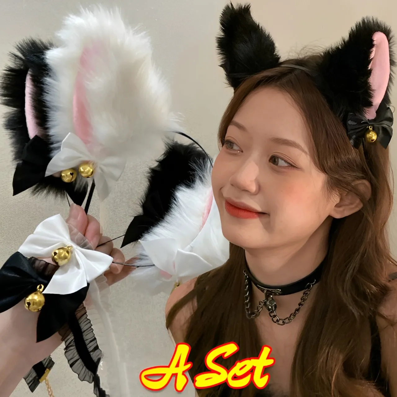 Sexy Cat Ears Headband for Women Girls Lace Bow Necklace Plush Bell Hairband Cosplay Masquerade-Party Costume Hair Accessories