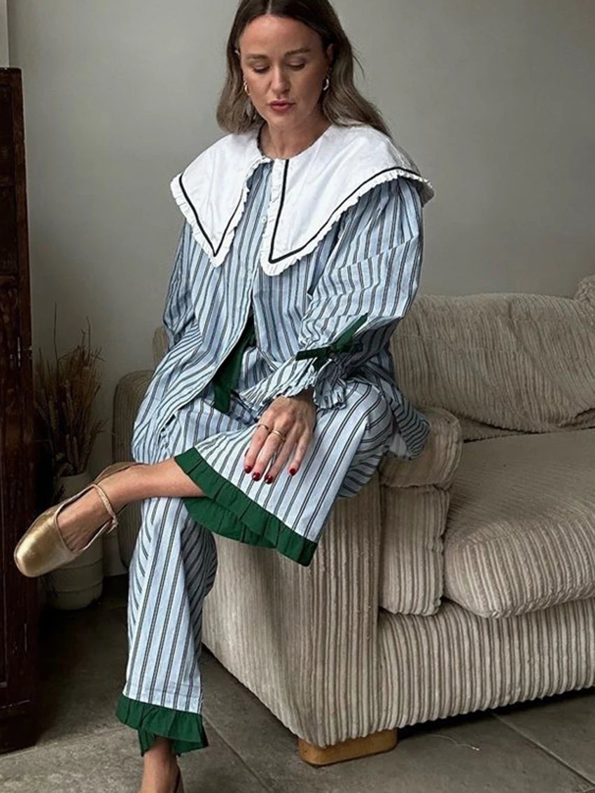 Marthaqiqi ملابس نوم فضفاضة للسيدات مكونة من قطعتين بيجامة بياقة مقلوبة وأكمام طويلة طقم ملابس نوم مخططة للسيدات #2