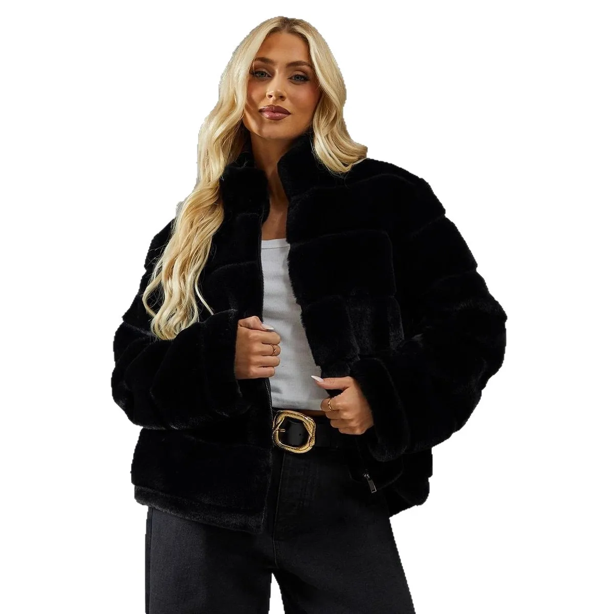 Geometric Print Women's Eco Fur Coat Stand Collar Zipper Lady Artificial Fur Jacket Coat Instagram-Style Winter Faux Fur Coat