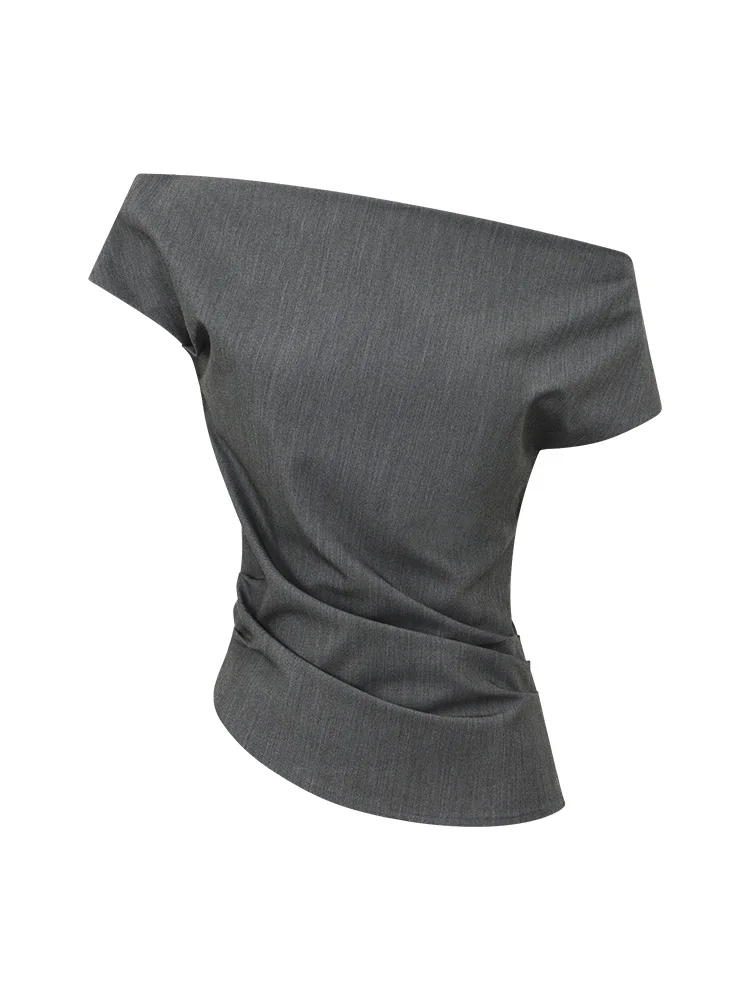 เสื้อเชิ้ตปิดไหล่ไม่สมมาตรสําหรับผู้หญิงฤดูร้อนเข้ารูปพอดีเสื้อไหล่เดียวหรูหราเดรปด้านบนสบายๆเก๋สไตล์เกาหลีเครื่องแต่งกาย