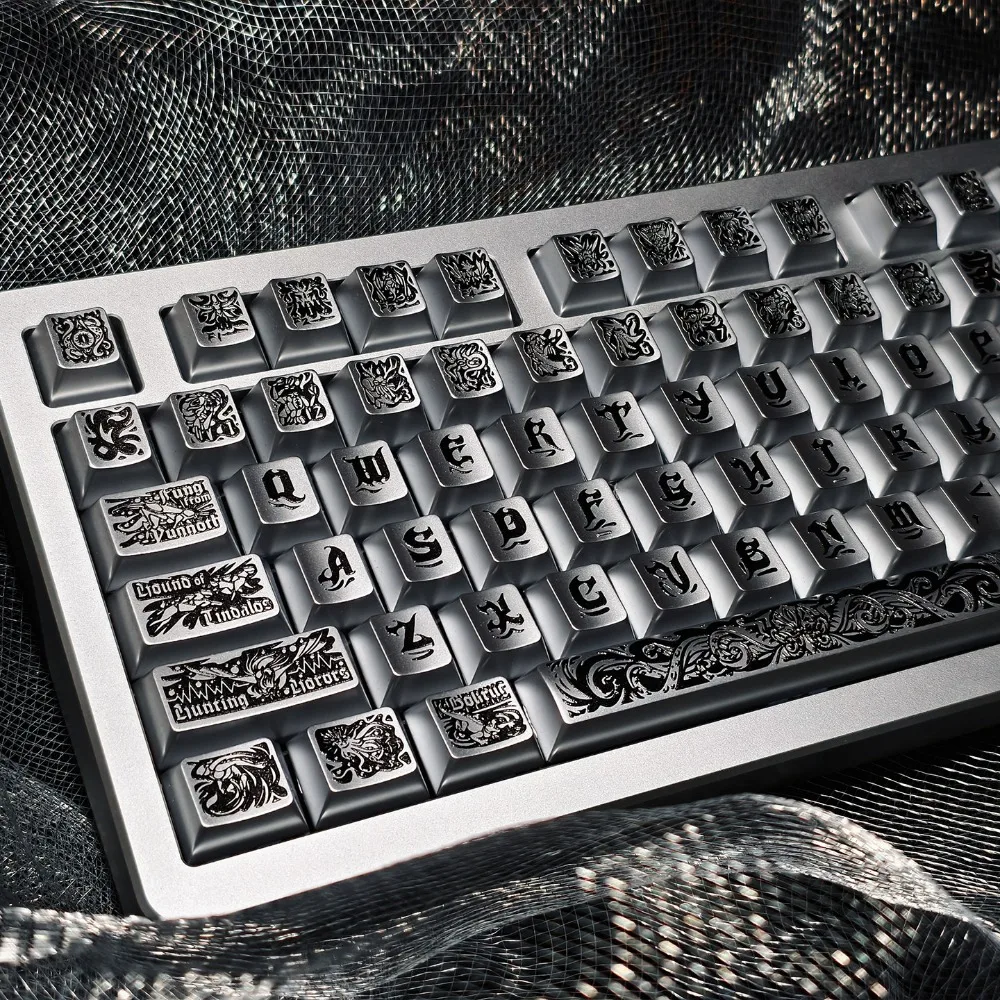 Retro Cthulhu Keycap Set 130keys Metallic Silver PBT Cherry Profile Artisan Keycaps for 65/75/87/98/104 Mechanical Keyboard Cap
