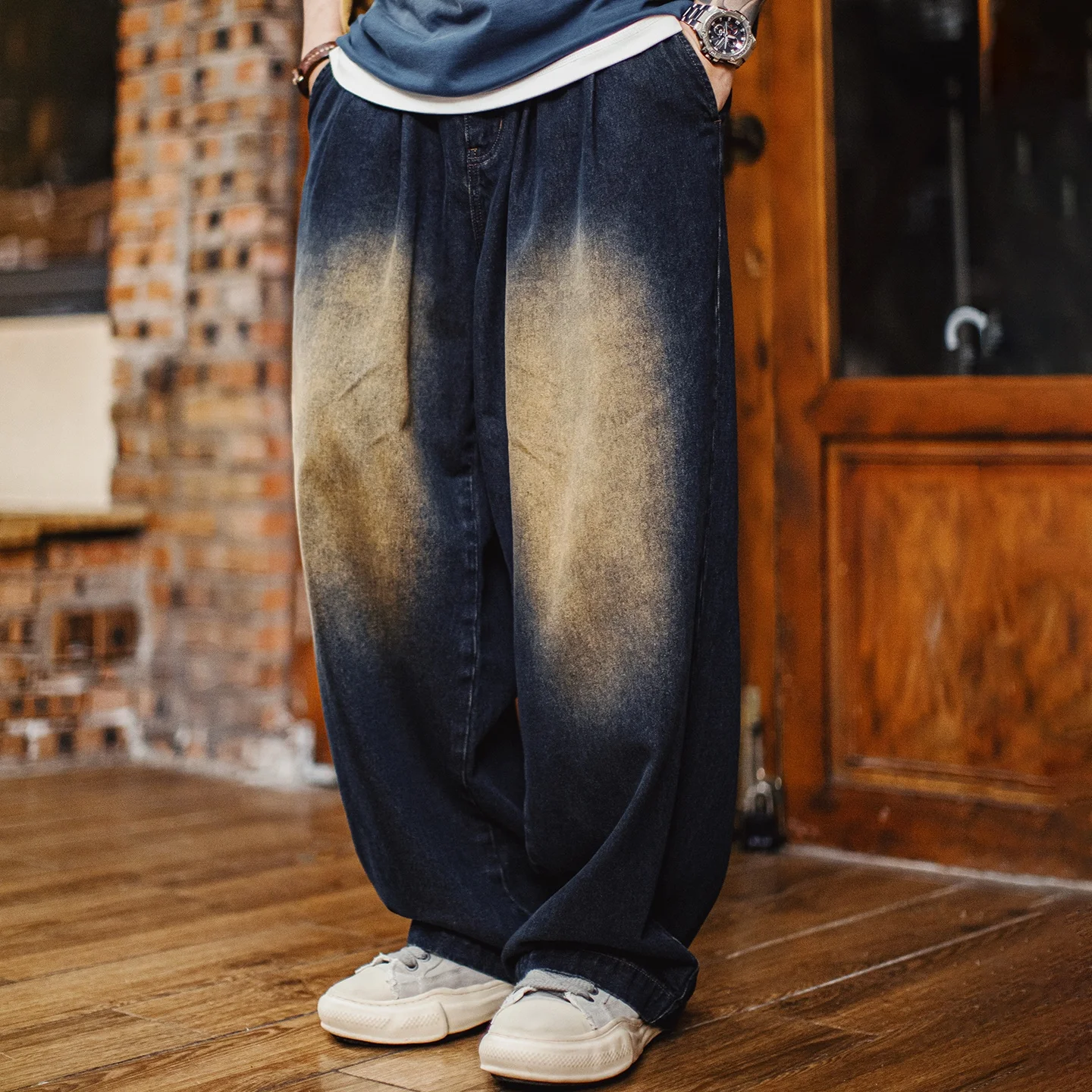Maden Men's Retro Vintage Dirty Washed Jeans Lyocell Heavyweight Baggy Wide Leg Loose High Street Casual Summer Denim Trousers