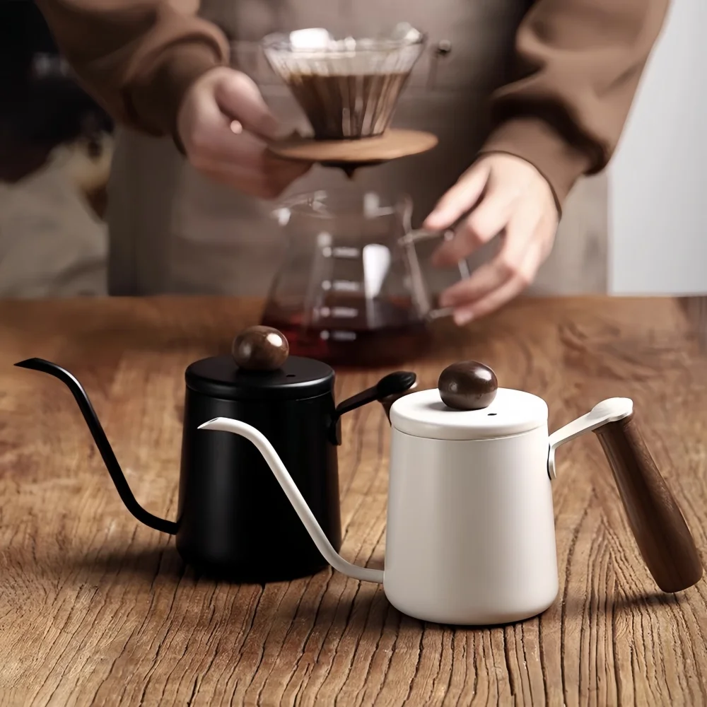 350/600 مللي إبريق قهوة مخمر يدويًا 304 من الفولاذ المقاوم للصدأ منزلي ضيق الفم مقبض من الخشب الصلب رغوة الحليب ملحقات مقهى المطبخ #3