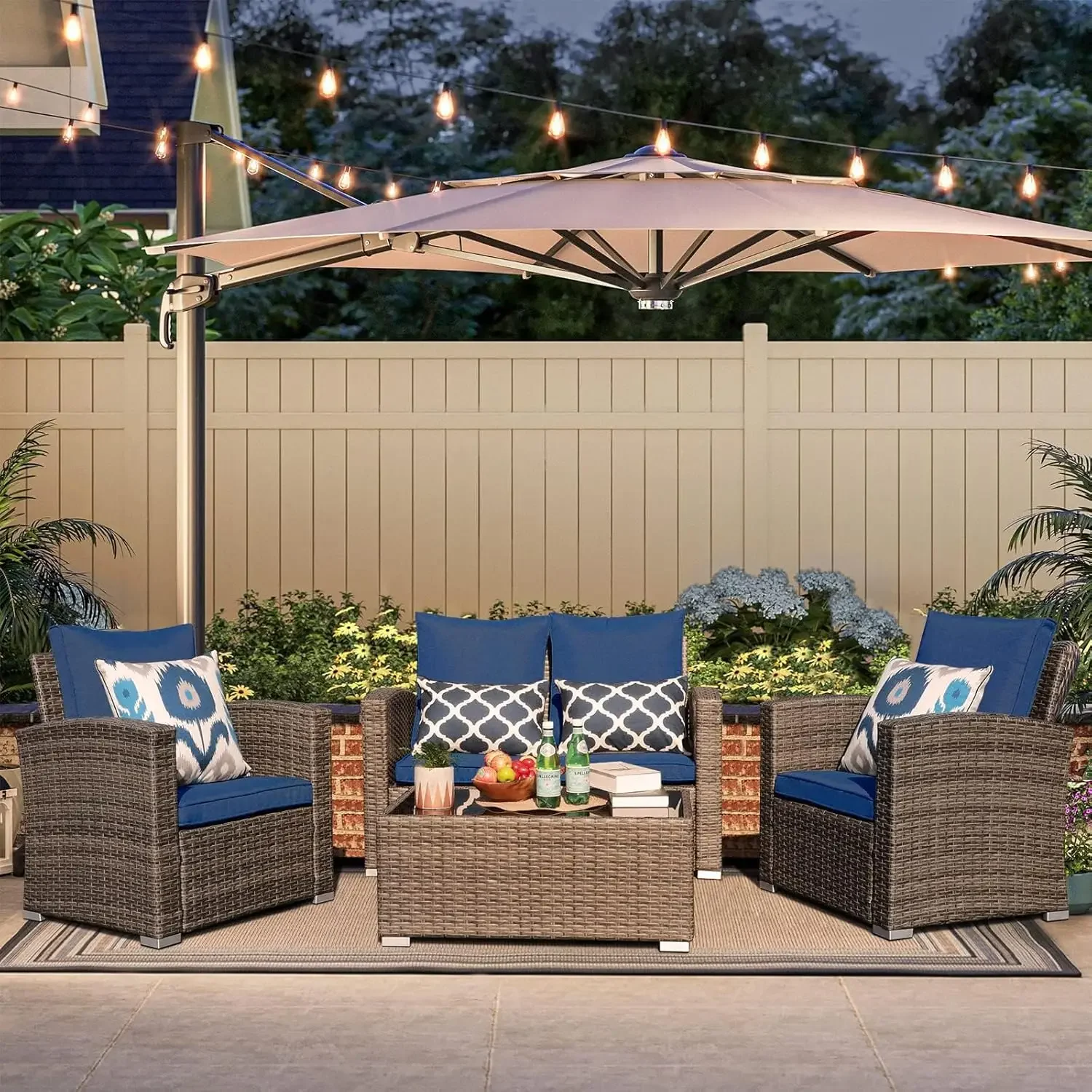 Outdoor Patio Furniture Set, All-Weather Wicker Patio Conversation Set, PE Rattan Loveseat Sofa Chair Set with Tempered Glass Co