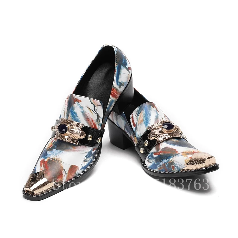Fashion Handmade Men Party Shoes Colorful Print Genuine Leather Formal Shoes Men Rivets Metal Toe Dress Shoes