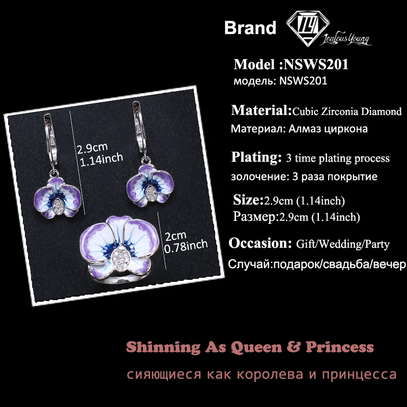 Silver Color Flower Jewelry Set for Women Enamel Silver Color Blue and White CZ Zirocn Ring Earrings Set Fashion Jewelry