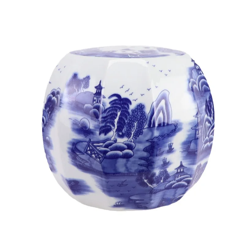 

Blue and white landscape ceramic drum stool hand-painted ice plum polygonal stool bathroom living room pumpkin stool ornament