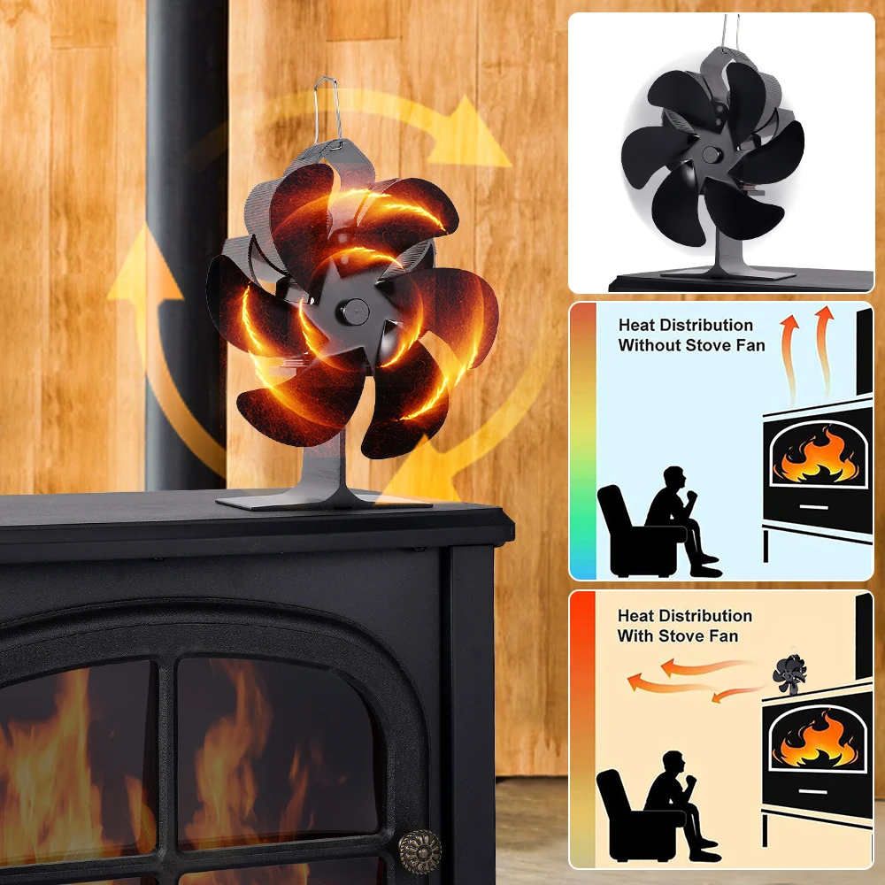 Ventilatore per camino Ventilatore per stufa alimentato a calore a 6 pale Nessuna batteria o elettricità richiesta Bruciatore a legna per legna Ventilatore ecologico Riscaldatore per legna da ardere domestico