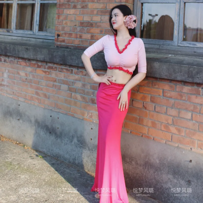 Customized Belly Dance Costumes New Set Performance Dress Class Clothes Sexy Temperament Practice Dress Pink Fish Tail Skirt
