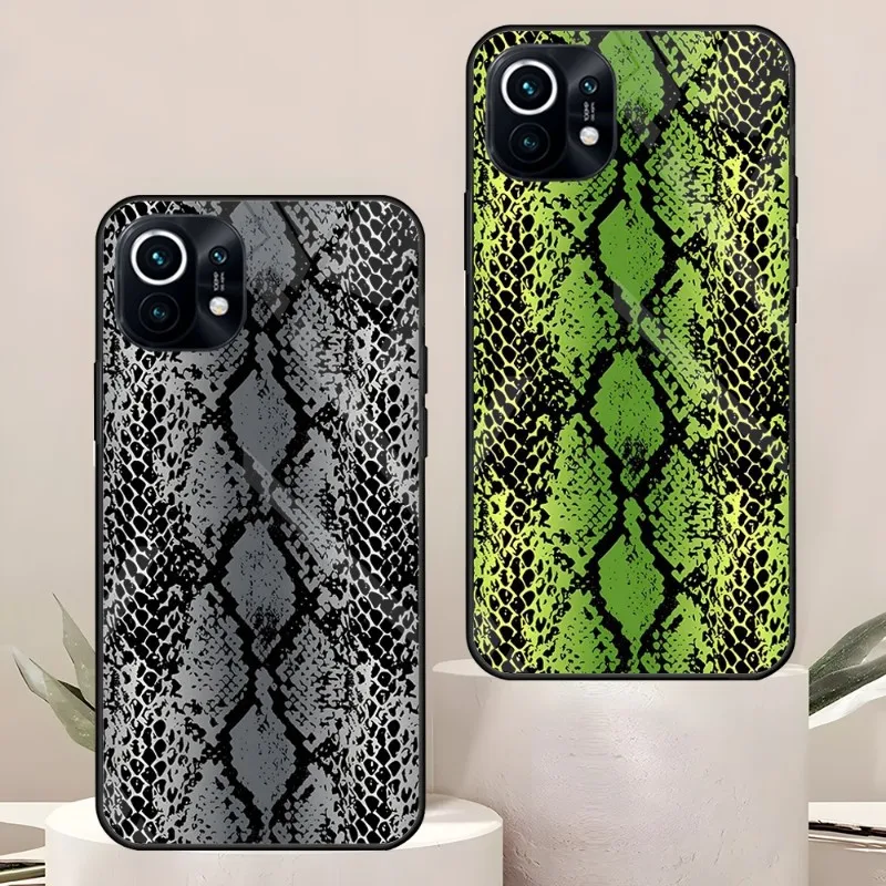 Snake Skin Print Animal Phone Case For Xiaomi 11 13 12 Pro X T Lite POCO F3 S Note 10 S 8 A 9 Redmi Tempered Glass Coque