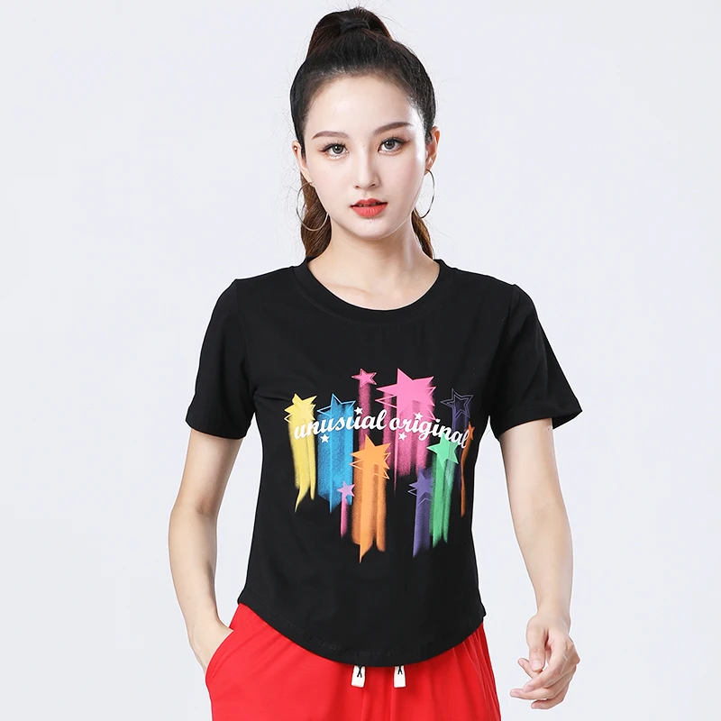 2023-秋の新女性の半袖スポーツカジュアル服スクエアダンス衣装綿-tシャツフィットネス体操ユニフォーム