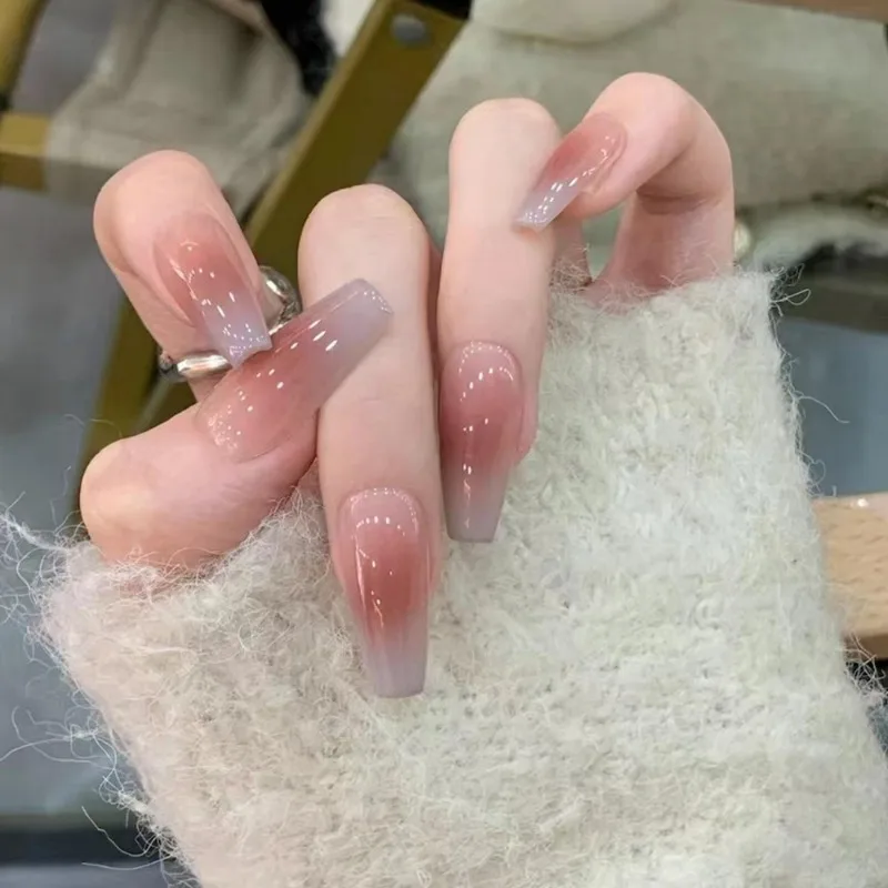 Uñas postizas con degradado de color gris y azul para pegar, conjunto de 24 piezas, para otoño