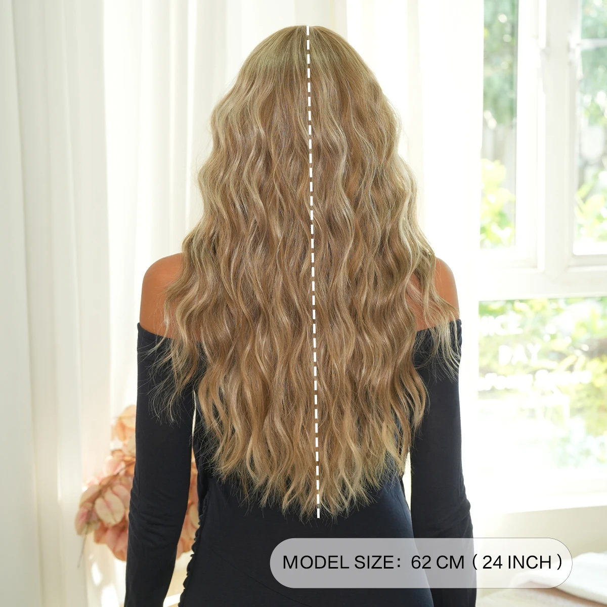 Long Water Wave Ash Blonde Wig for Women Modest Fashion Synthetic Middle Part Wear and Go Champagne Wigs with Curtain Bangs - view 4