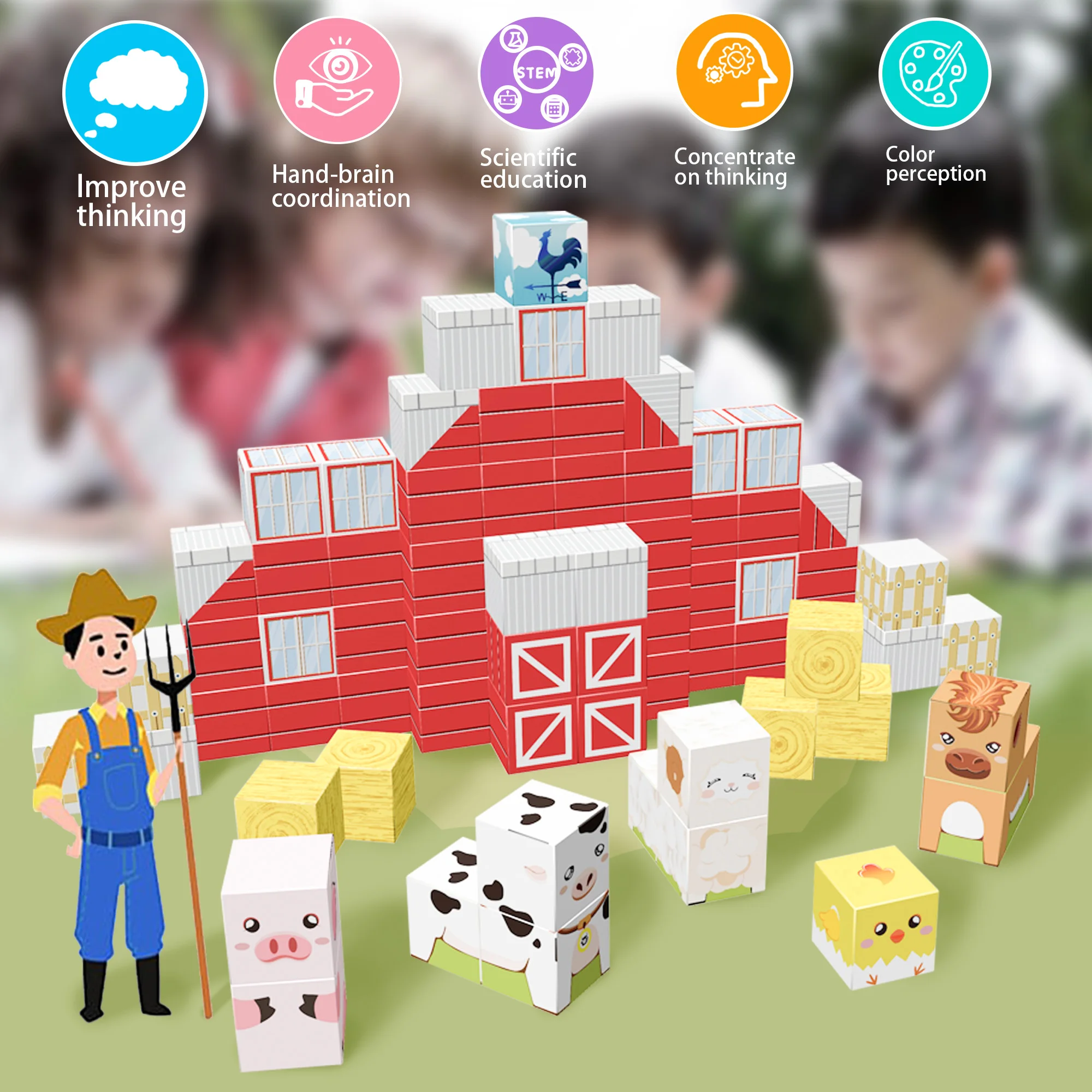 73個の磁気ファームビルディングブロックセット、牧場動物STEMおもちゃ、3～8歳の子供向け、教育納屋&フェンス建設キット、Gi