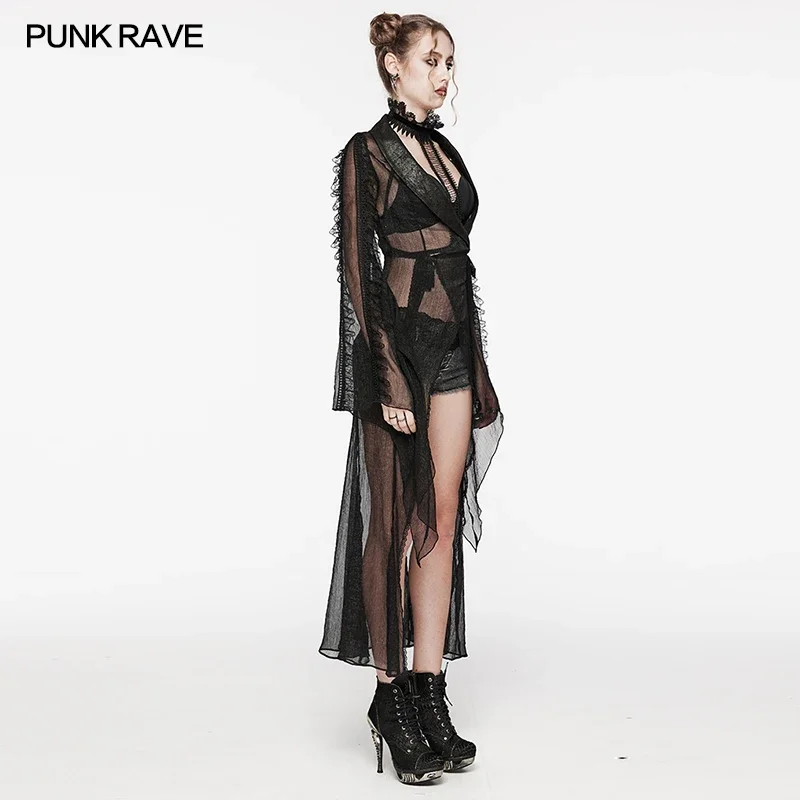 PUNK RAVE Women's Gothic Lapel Collar Design Perspective Long Cardigan Kimono Cuffs Oversized Hem Elegant Carefree Coat