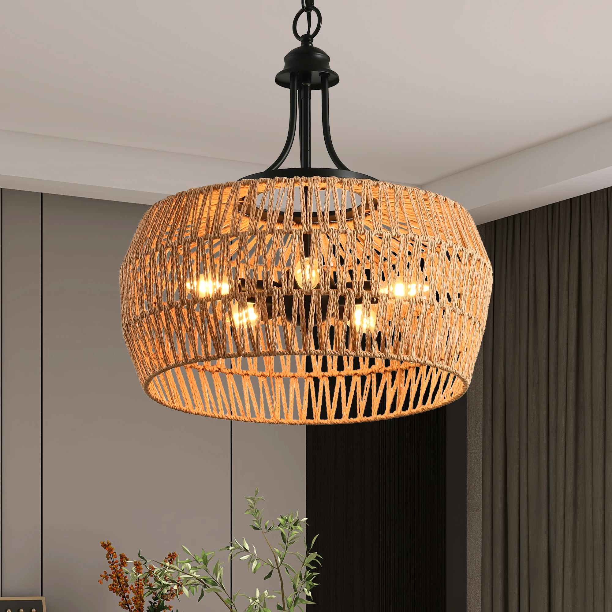 Hemp Rope Pendant Light, Hand-Woven Lamp with Adjustable Chain, Natural Rope Shade Ceiling Light Fixture(Bulb Not Included)