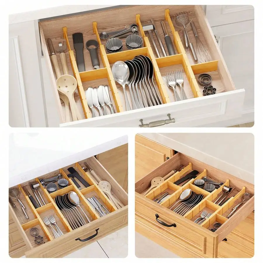 Bamboo Drawer Separators With Inserts And Labels, Kitchen Adjustable Drawer Organizers, Expandable Organization For Home And Office, Dresser Dividers With 9 Inserts (17-22 In) Back To School Dormitory Storage view 2