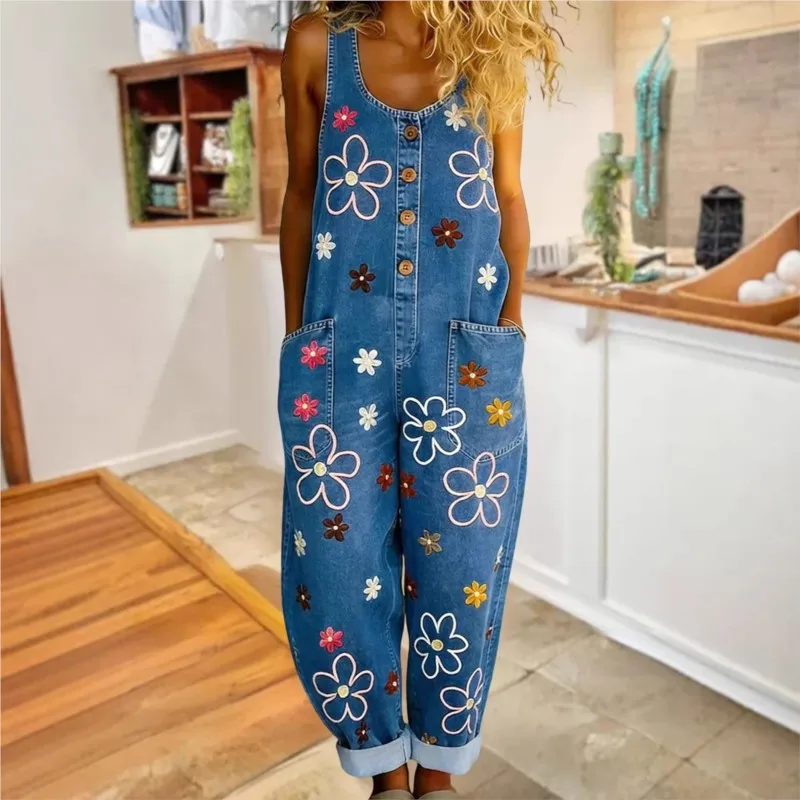 

Retro Casual Cartoon Print Overalls Women Loose One Piece Suspenders with Pocket Single-breasted Wide Leg Romper Pants Vacation