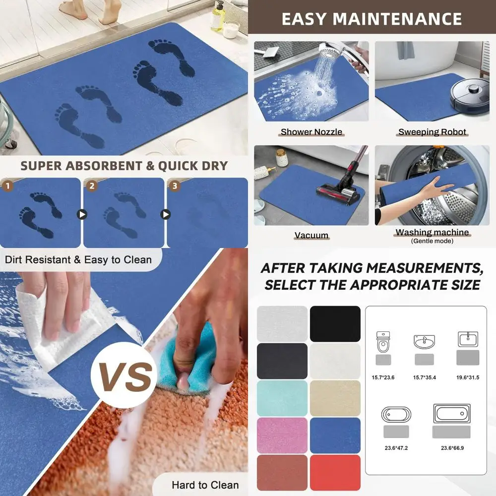 

Super Absorbent Diatomaceous Earth Bath Mat - Non-Slip, Quick Dry, Thin, Blue, 23.6x47.2 inches