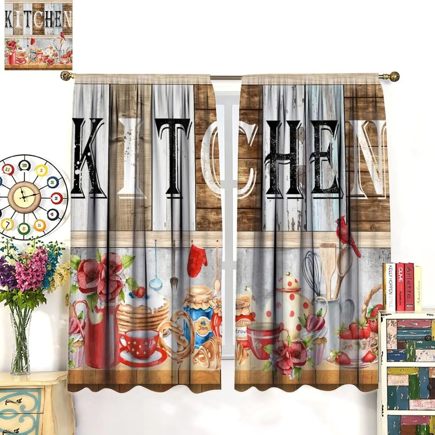 

Винтажные кухонные шторы для фермерского дома, деревенская деревянная доска, дверь сарая, ретро клубника, кухонная утварь, ножи и вилки, оконные шторы