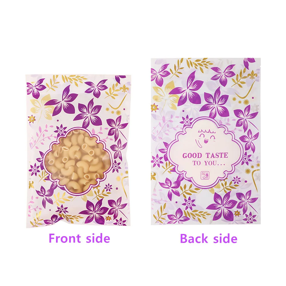 100pcs Zipper Self Sealing Bags with Purple & Gold Fancy Print - Resealable Food Grade Matte Clear view Ziplock Pouch Gift Pack