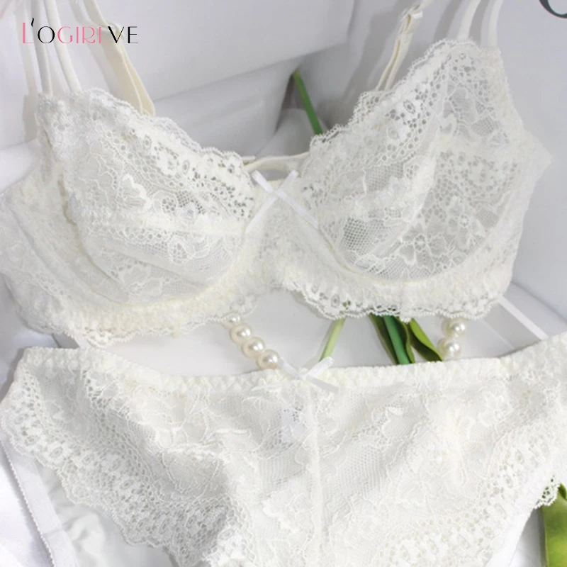 Logirlve Fashion Thin Underwear Set For Women Bra Plunge Embroidery Brassiere Push Up Bra Panties Set Sexy Lace Lingerie Black